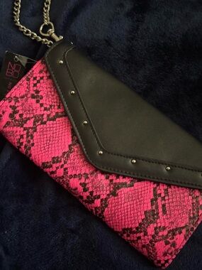 No Boundaries Hot Pink Snake-Print Wristlet Clutch with Black Flap